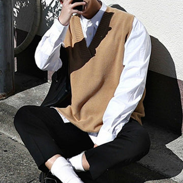 Wiaofellas Sweater Vest Men V-neck Solid Simple Casual 2XL Oversize Spring Autumn Mens Vests Chic All-match Preppy Style Daily Outwear New